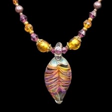 Artisan Swirled Art Glass Heart Pendant Handmade Crystal Foil Beaded Necklace