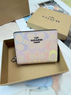 2026 NWT Coach Snap Wallet In Rainbow Signature Canvas CDD11 Silver Sand Multi