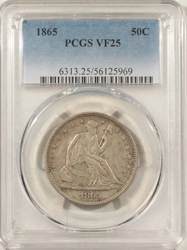 1865 SEATED LIBERTY HALF DOLLAR - PCGS VF-25, TOUGH! CIVIL WAR DATE!