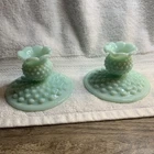 Pair of Vtg Fenton Green Pastel Turquoise Glass Hobnail Candlestick Holders HTF