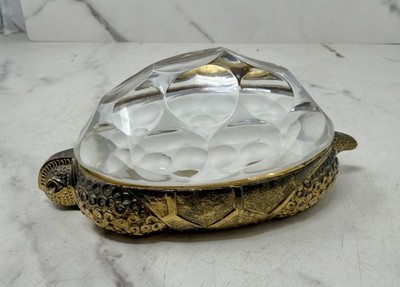 Vintage Turtle Box Gold Tone Glass Dome Dish Trinket Jewelry Holder