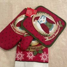 NWT~ 3 Pc. Xmas OWL Kitchen Set~Pot Holder, Oven Mitt & Towel~Happy Holidays