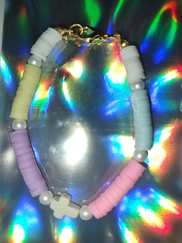 Ostern Frühling Handarbeit Ton Perlen Perle Kreuz Stretch Band Armband mit Verschluss - Bild 1 von 5