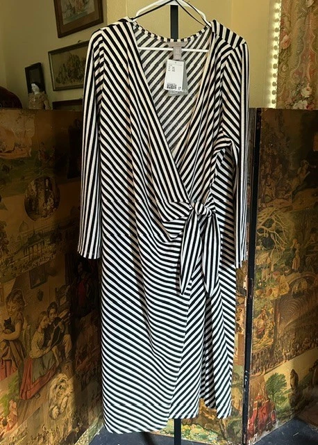h&m striped long sleeve dress H&M Striped Wrap Midi Dress New Sz 6 Blue Long Sleeve V Neck Womens 2066