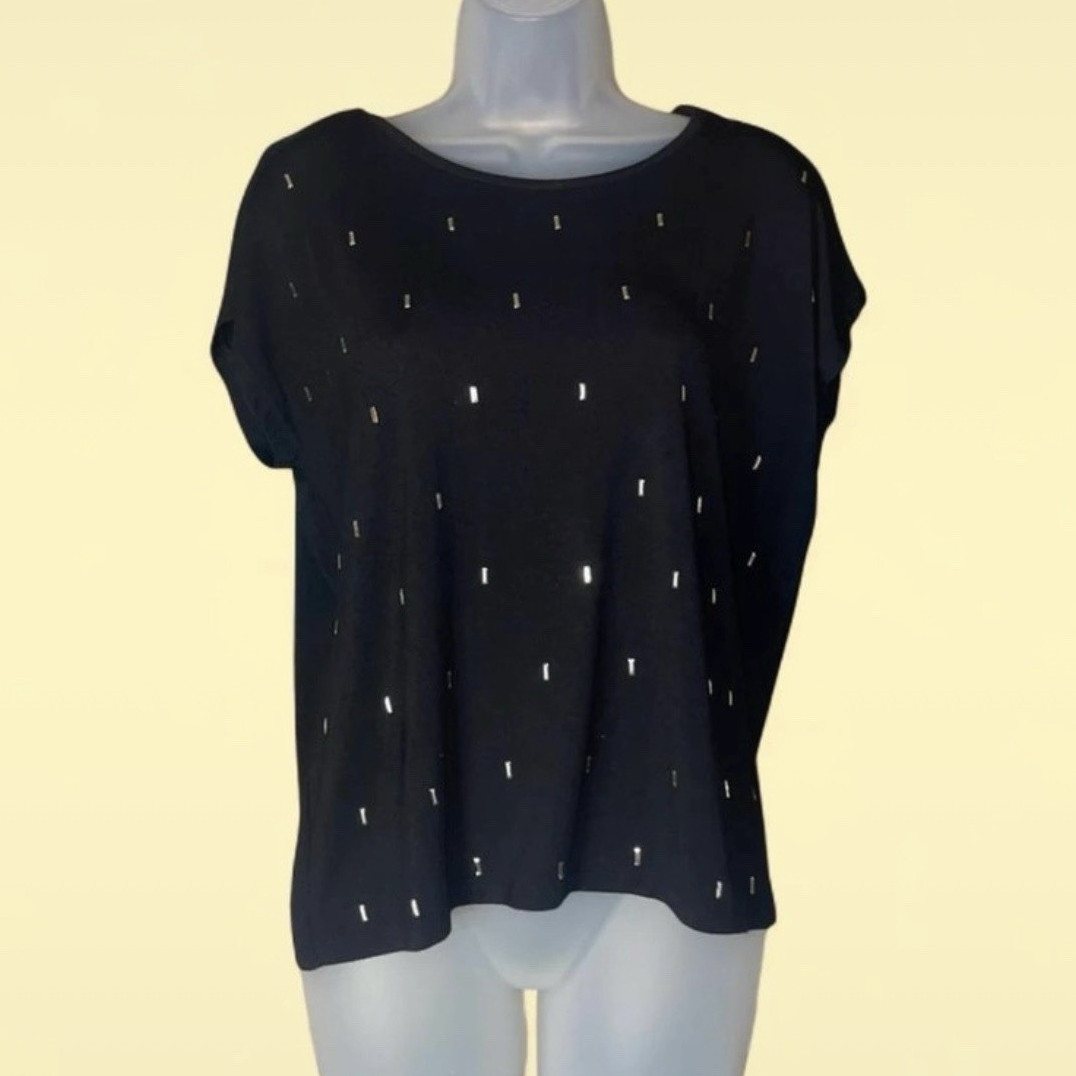 Rafaella Womens Black Embellished Short Sleeve Round Neck Blouse PM Petites