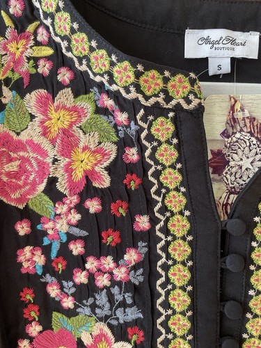 Angel Heart Boutique Womens Black Boho Fall Embroidered Floral Long Tunic Nwt - Picture 2 of 4