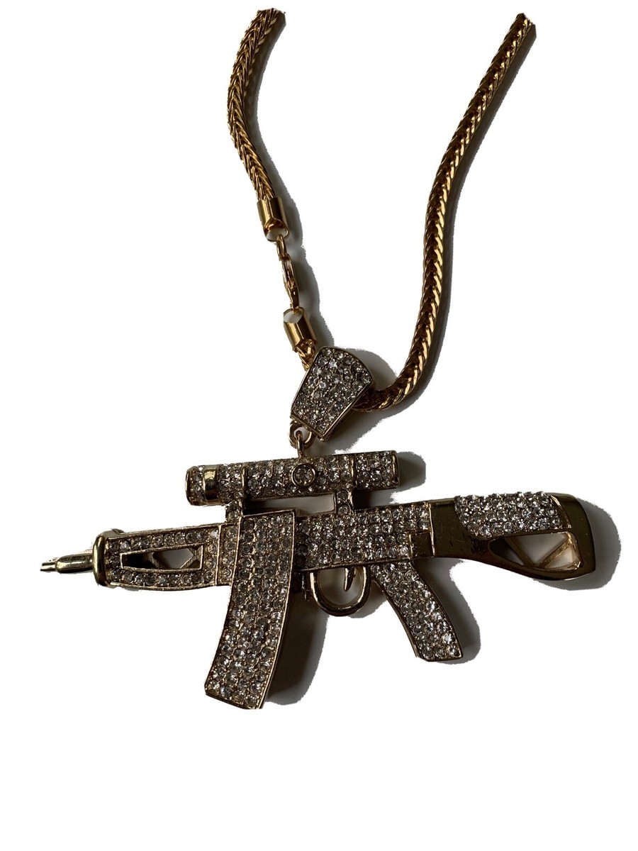 14K XL Gold Plated Machine Gun Bling Pendant W/36” Chain BIG Hip
