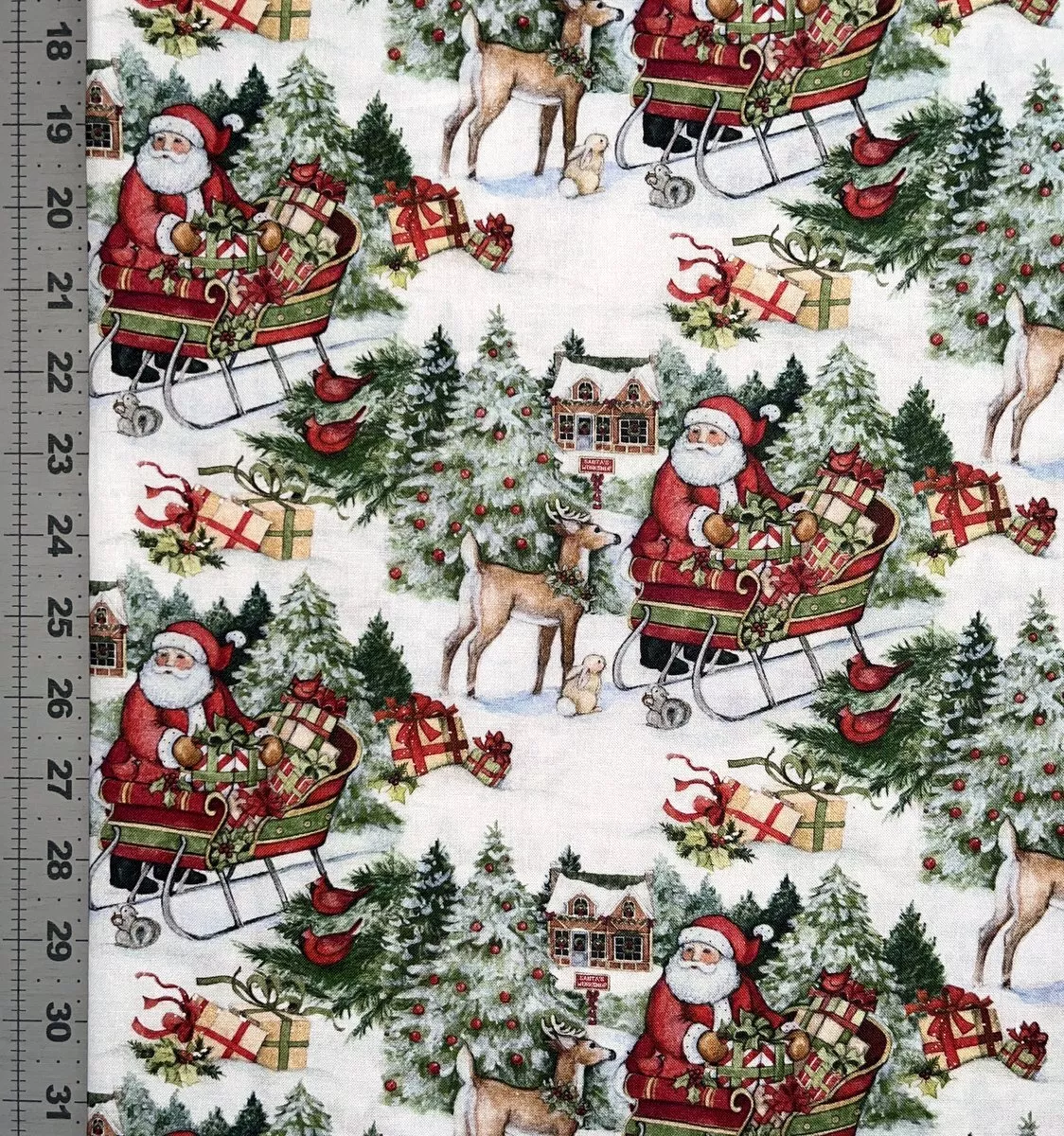 Christmas Fabric | Susan Winget Santa Claus Sleigh Deer Tree White | YARD