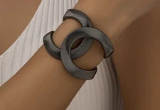 Wide Cuff Bracelet Black  Statement Bangle Snake Design Oval Adjustable Jewelry