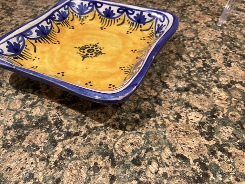 Hand Painted Ceramic Dish Made in Portugal 5” x5” orange and blue - Picture 2 of 3