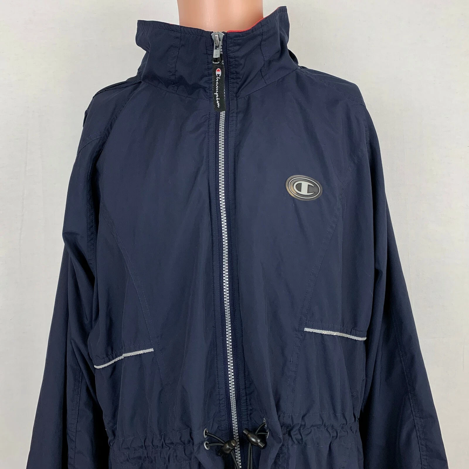 Champion Roll Up Hood Long Windbreaker Jacket Vintage 90s Blue Size XL