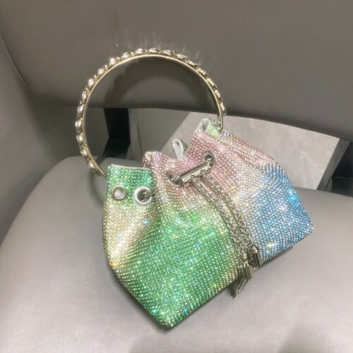 Multicolor Evening Clutch Bag Rhinestone Crystal Bucket Party Bag Purse Tassel - Picture 13 of 17