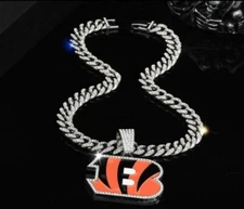CINCINNATI BENGALS GEM NECKLACE Silver Bling Football Pendant /w 24" Cuban Chain