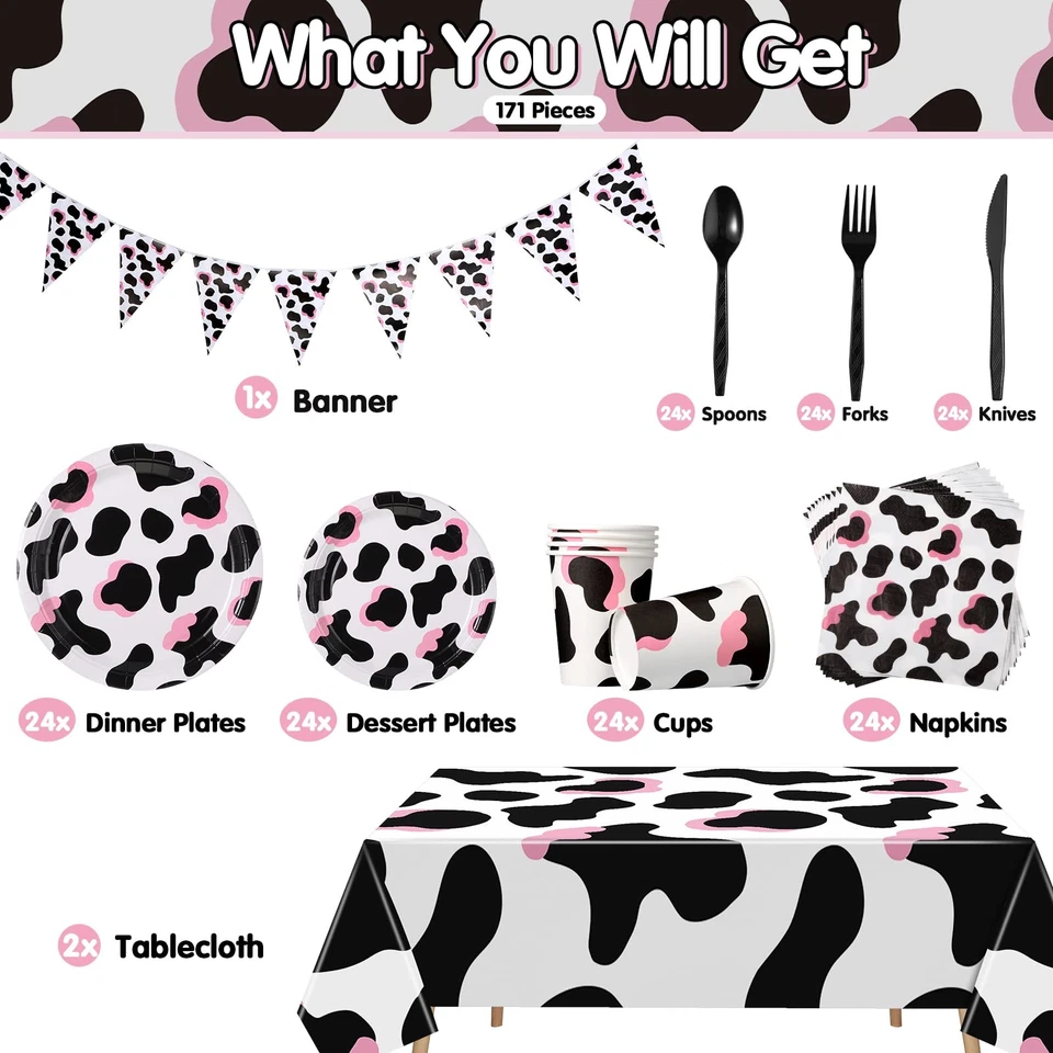 171 piezas suministros de fiesta con estampado de vaca rosa platos tazas servilletas cuchillo cuchara... Foto 2 de 4