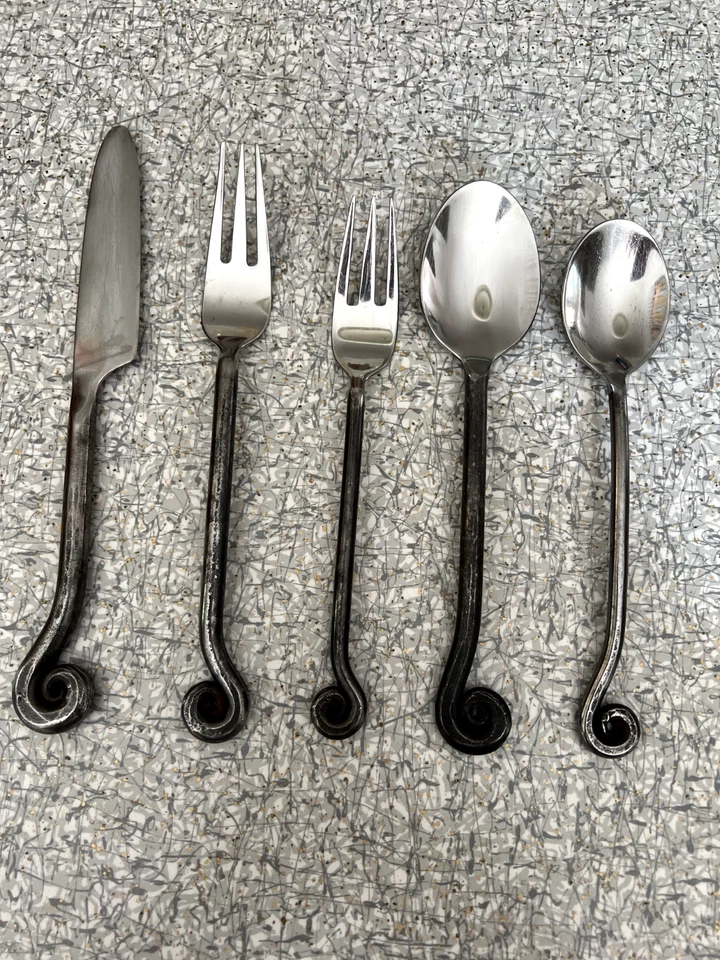 Wrought Iron Flatware Set 6 Coiled Iron Handles Stainless Rustic Fiddlehead - Image 2 of 4
