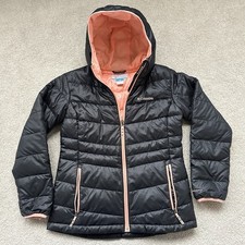columbia jacket girls large turbodown down 550 fill hooded black orange full zip