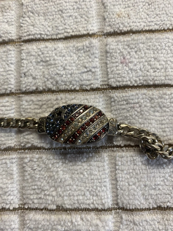 Vintage Brighton I Love America Flag Bracelet Red White Blue Crystals USA - Image 2 of 3