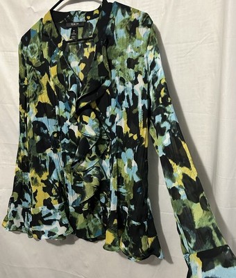 Style Co Top 16 Silky Floral Boho Ruffle Bodice Pleats Poet Shirt Blouse Women s