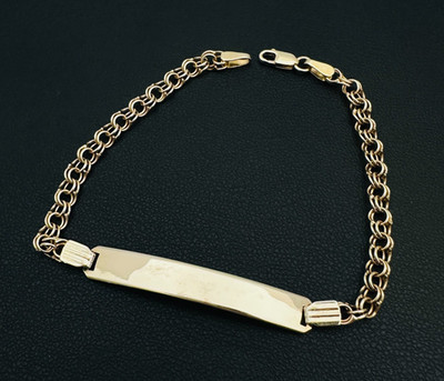 Massives 14K Gelbgold ausgefallenes Rolo Gliederarmband gravierbar Stab 4 mm, 7 1/8 Zoll, 4,5 g