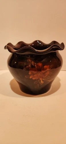 Brown gloss glaze art pottery jardiniere planter floral pattern Unmarked