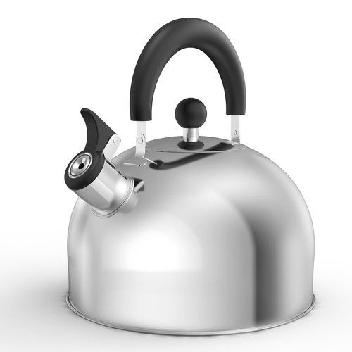 Stainless steel whistling tea kettle; 3.2-quart capacity; wide mouth