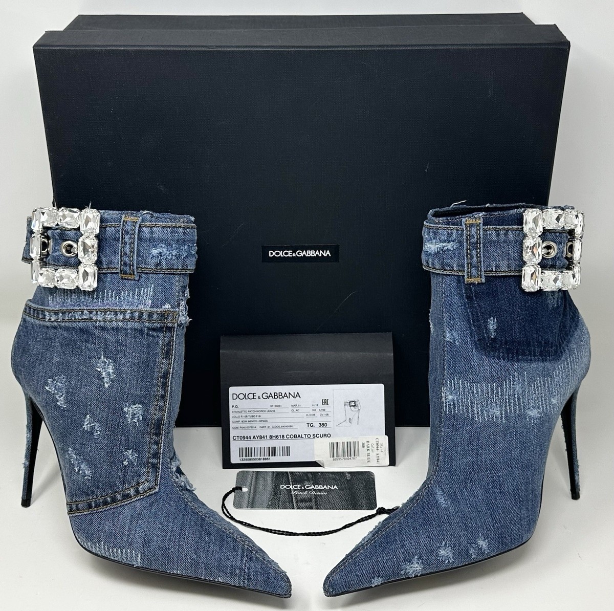 Dolce Gabbana CT0944 Rhinestone Buckle Patchwork Denim Ankle