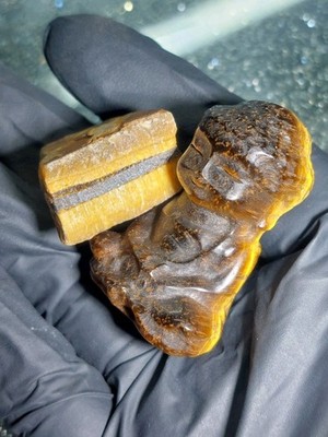 Tigerauge Buddha 28,9g + roh 14,1g Set - kleiner Solar Plexus Confidence