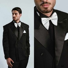 Formal Men Suit Satin Peak Lapel Jacket Double Breasted Wedding Party Elegant