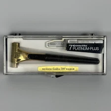 Vtg Schick Golden 500 Safety Razor with Gillette Platinum-Plus Blade, + Case