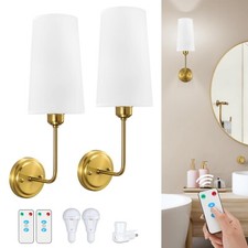 Battery Operated Wall Sconce Set of Two, Gold Wall Sconces w/Remote No Hardwired