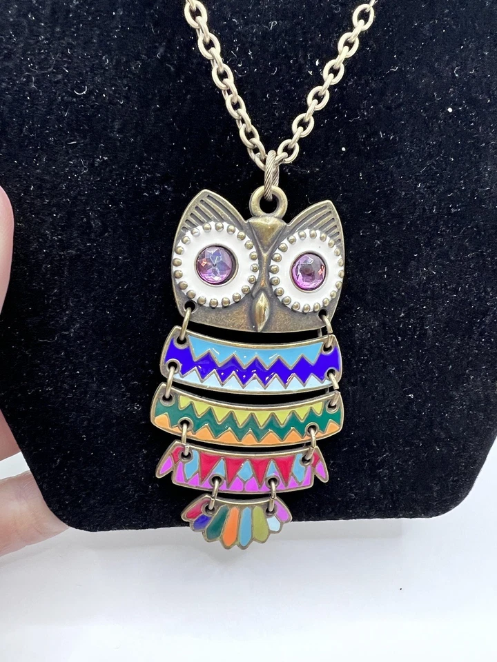 Эмаль сова подвеска ожерелье шарнирный оранжевый синий регулируемый латунный тон цепочка - Изображение 2 из 4