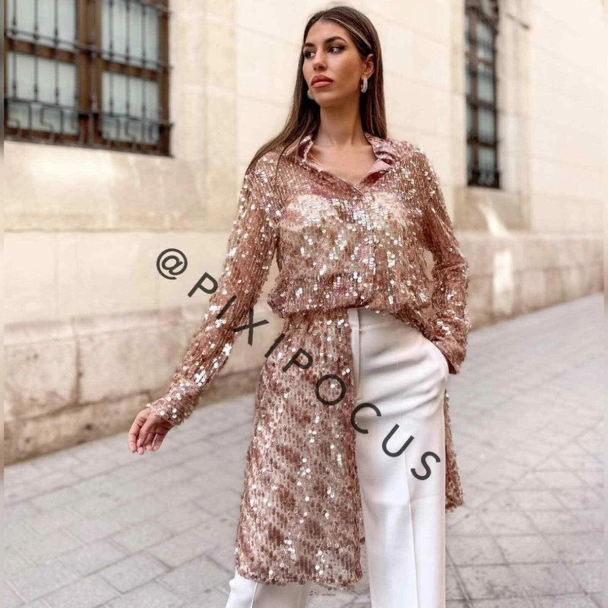 ZARA NEW 119 LONG SEQUIN SHIRT DRESS CARDIGAN BEIGE PINK XS