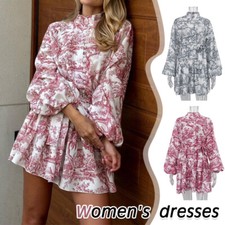 Ink Printing Long Puff Sleeve Mini A-line Dress Standing Collar Women Vintage