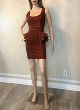 Vintage BEBE Rare Y2K ThierryMuglerGirlie Burnt-Orange Dress Ruffle Hips Stich 0