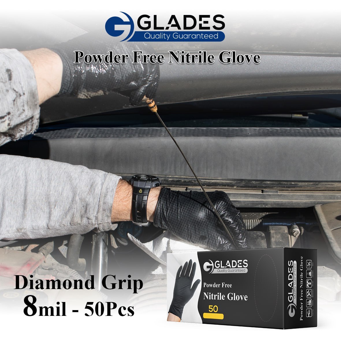 GLADES™ 8 Mil Heavy Duty Nitrile gloves Diamon Texture Indutrial
