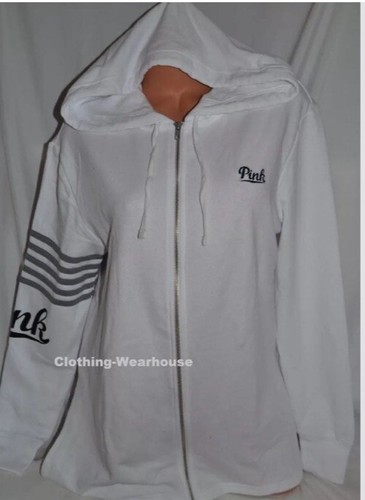 Victoria's Secret PINK White Side Slit Zip Logo Hoodie Jacket Sweatshirt S New - Picture 2 of 3