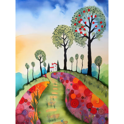 Landhaus Weg Blumenbeete Volkskunst Wandbild Leinwand Bild Druck 18x24
