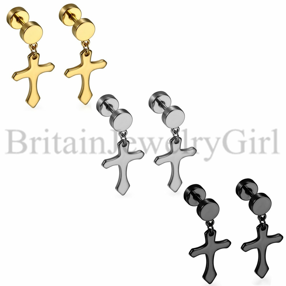3Pairs Stainless Steel Cross Drop Dangle Earrings Barbell Ear Studs