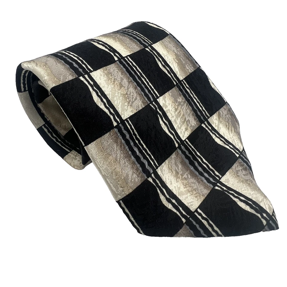 Corbata para hombre Carlos Piati Paris Roma seda pura diseño geométrico negro y crema Foto 2 de 4