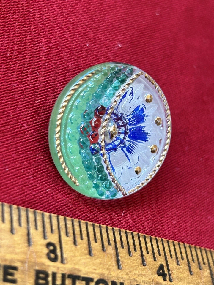 Painted Back Czech Glass Button. Gold Luster on Surface. Brightly Colored Design - Image 4 of 4