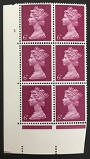 1968 Pre Decimal Machin Cylinder Block No. 3 (dot) U18 SG736 6d Purple MNH