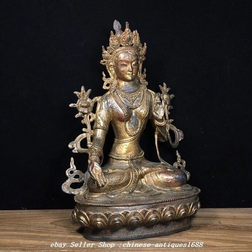 12.2" Old Tibet Pure Copper White Tara Guanyin Kwanyin Goddess Buddha Statue - Picture 8 of 9