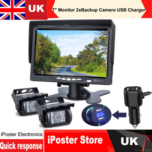 Caravan 7" Monitor 12V/24V 2x Rear View Camera Dual USB Charger Voltage Display - Picture 1 of 12