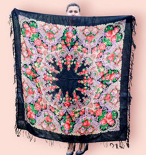 Vintage Large Black Wool Shawl Wrap Boho Floral Print and fringes Ukraine Folk