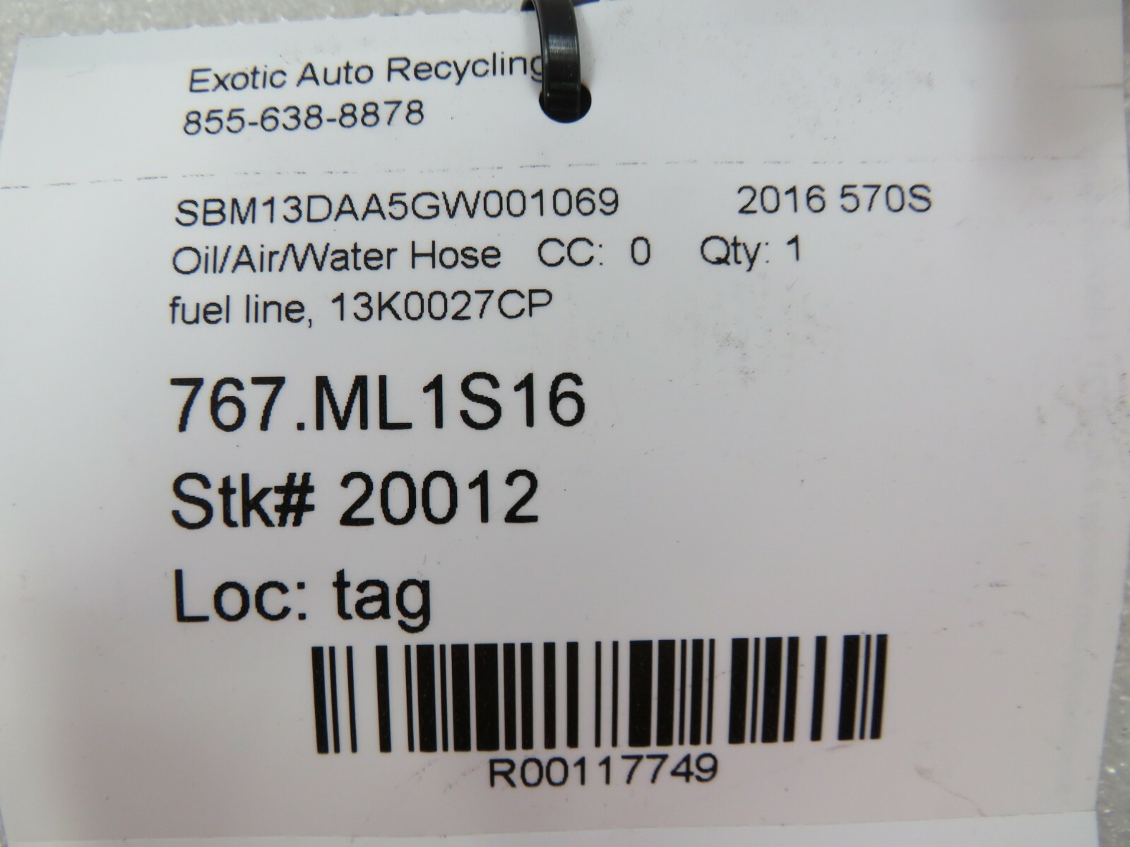 McLaren 570S, Fuel Line, Used, P/N 13K0027CP