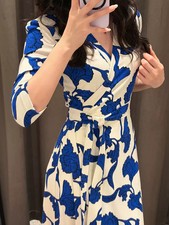 DVF Blue White Floral Print V Neck Wrap Tea Dress Summer Women