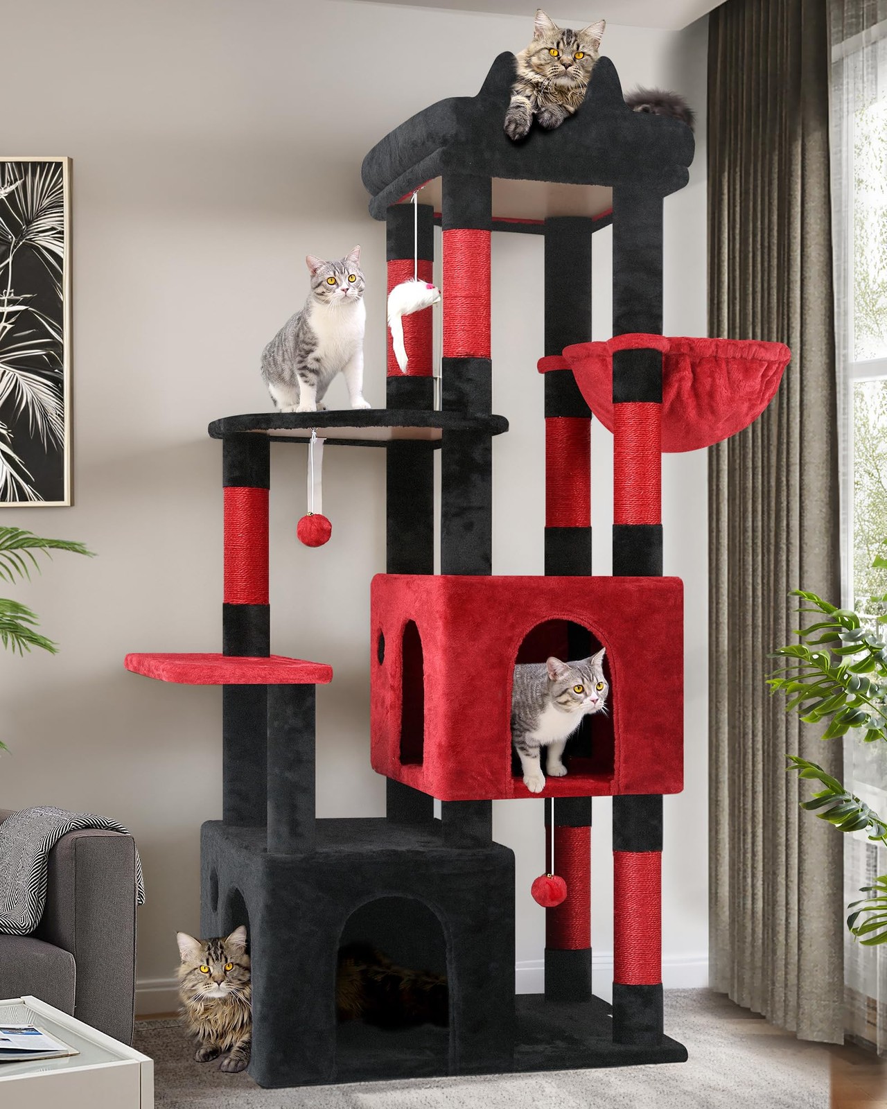 Arbre à chat gothique noir et rouge grand modèle avec griffoir et paniers douillets