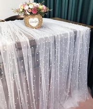 White Table Runner with Beaded Pearl Lace 120" Soft Tulle Tablecloth