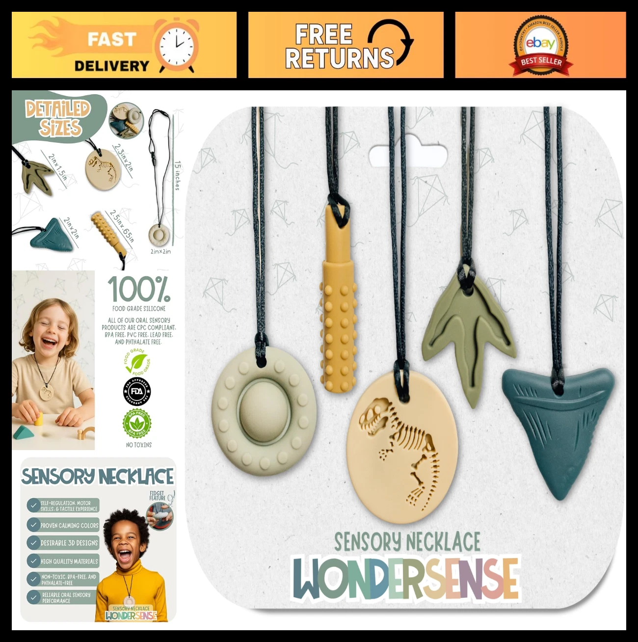 Sensory Chew Necklaces for Kids - 5PCS Silicone Fidget Toys | Teething & Autism