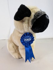 FAO Schwarz Pug Dog Plush Stuffed Animal Toy w/ Blue Ribbon Award Sitting 2014